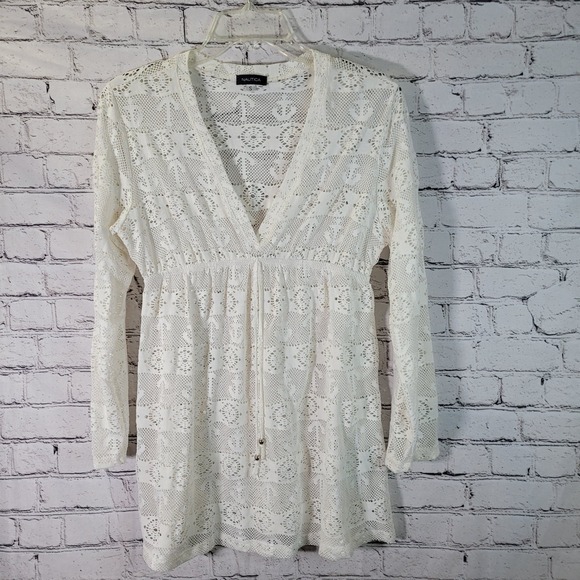 Nautica Swimsuit Cover Up Size Small White Sheer Mesh‎ Anchors V Neck Drawstring - Picture 1 of 7